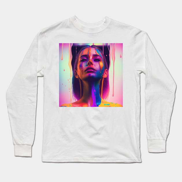 Waking Up on the Right Side of Bed - Emotionally Fluid Collection - Psychedelic Paint Drip Portraits Long Sleeve T-Shirt by JensenArtCo